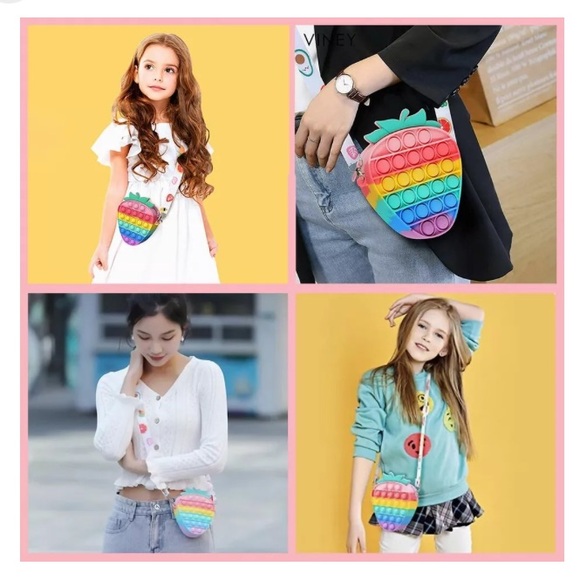 Silicone Rainbow Strawberry Fruit Popper Pop It Fidget Crossbody Bag Purse - Picture 14 of 15
